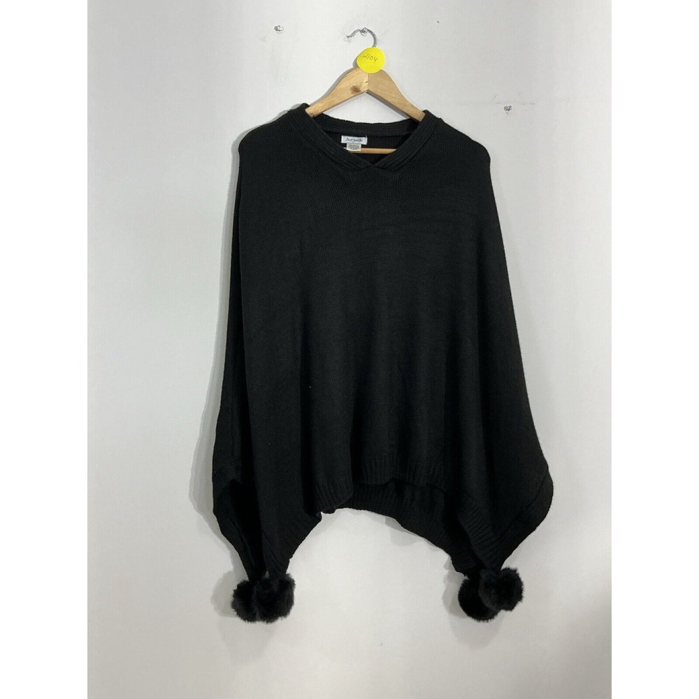 Womans Just Jamie Black V Neck Pullover Poncho W/ Pom Poms 1 Size